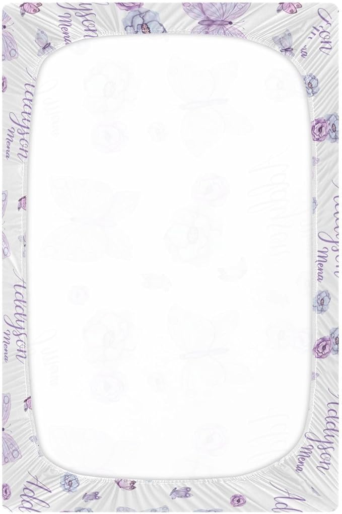 Personalized Pack 'n Play Sheets - Custom Butterfly Baby Mini Crib Sheets for Girls, Fitted Sheet with Name, Soft and Breathable Material