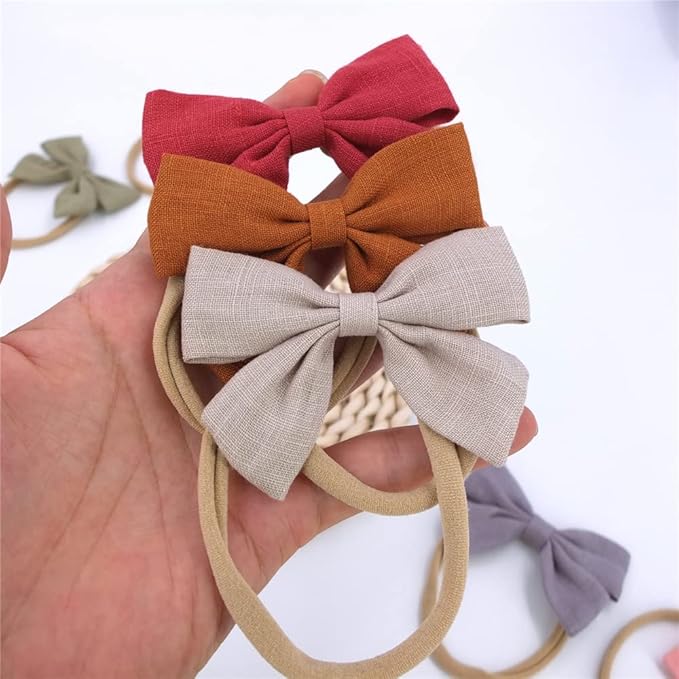 Sugarmelon Linen Bow Nylon Headband for Baby Newborn Infant Toddler Hair Bow Elastic Bands for Baby Girls Little Kids Headbands (Linen Sailor bow 3.2'')