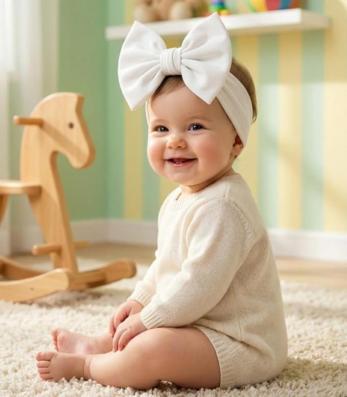 Newborn Baby Girl Headband 0–6 Months – Soft Cotton Big Bow Headband for Infants, Stretchy Baby Hair Band, 4.3" (11 cm) Bow, 2.4" (6 cm) Band (Soft White, 0-6 Month)