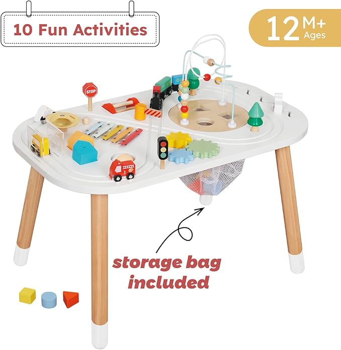 touch us Baby Activity Cubes for Kids,Toddler Activity Cubes&Activity Center Table with Wooden Bead Mazes，Mini Toy Car,Gears&Blocks|Wooden Desk Play Table as Montessori Toy for 1 Year Old Boy Girl