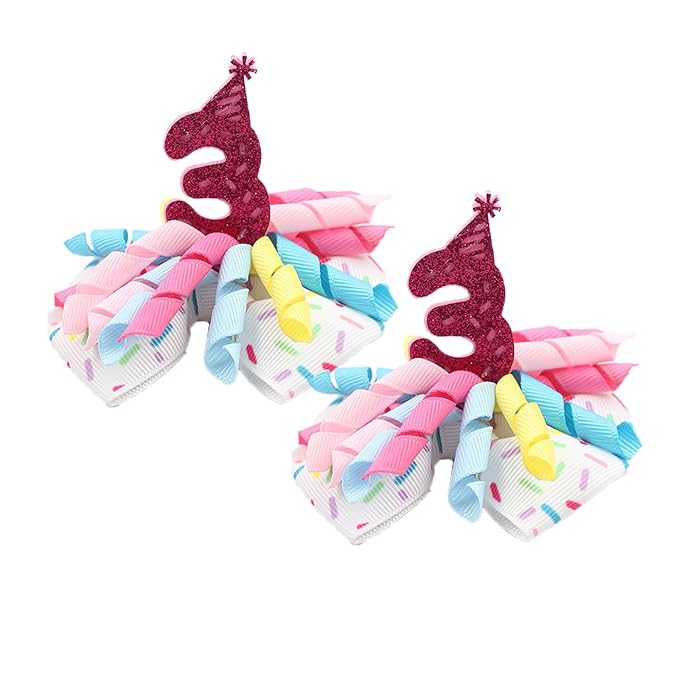 Birthday Hair Clips for Baby Girls - 2Pc Curly Ribbon with Deep Red Number Bow Hair Clips for 3rd Birthday Baby Bow Party Decorations for Girls Toddlers Hair Accessories (Deep red Number-3 Years)