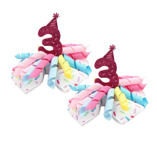 Birthday Hair Clips for Baby Girls - 2Pc Curly Ribbon with Deep Red Number Bow Hair Clips for 3rd Birthday Baby Bow Party Decorations for Girls Toddlers Hair Accessories (Deep red Number-3 Years)