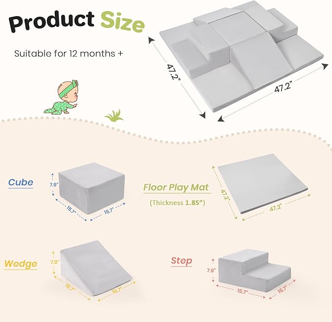 Rinnebbit 6-Piece Foam Climbing Blocks for Toddlers, Climb and Crawl Soft Foam Play Set with 47x47 Inch Baby Play Mat for Floor, Machine Washable Cover, Soft Climbing Toys for Toddlers 1-3 (Gray)