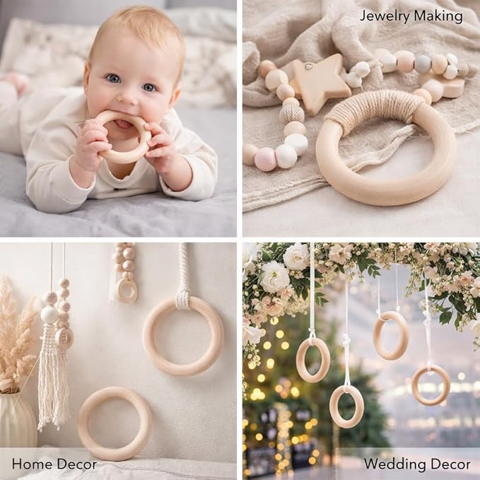 Wood Teething Rings 10Pcs Baby Infant Teether Wooden Bracelet DIY Craft Pacifiers Teethers Relief Accessories Pendant Connector