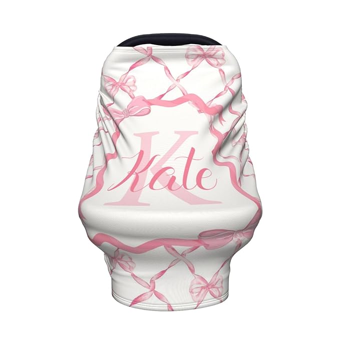 Personalized Baby Car Seat Cover for Girls, Custom Pink Bow Nursing Covers for Breastfeeding with Name, Infant Stroller Cover, Baby Carseat Canopy for Newborn, Multiuse Car Seat Canopies