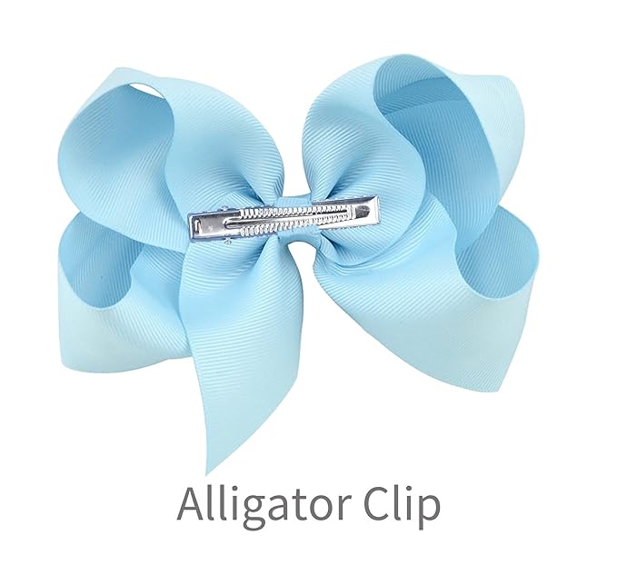 DEEKA 2 PCS 6" Big Hand-made Grosgrain Ribbon Solid Color Hair Bows Alligator Clips Hair Accessories for Little Teen Toddler Girls Kids Set of 2 -Light Blue
