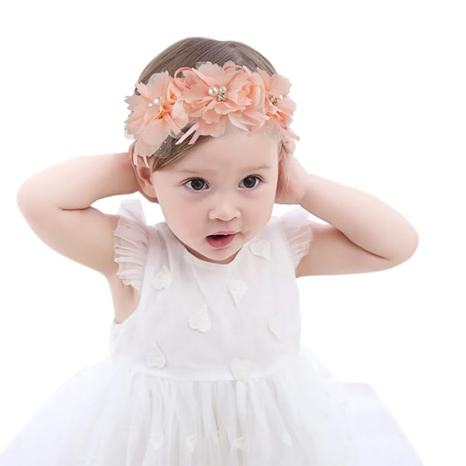 Fmeida Flower Headband for Baby Girl Floral Headbands Crown Baptism Hairband Hair Accessories Peach