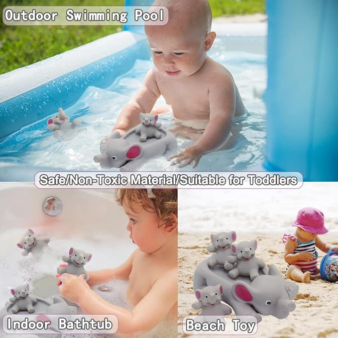 Bath Toys for Toddlers Infants 6 Months+, Floating Bathtub Elephant Toys Squeak Rubber Animal 4 Piece Set, Pool Beach Party Gift for Kids Boys Girls Water Fun and Shower Time