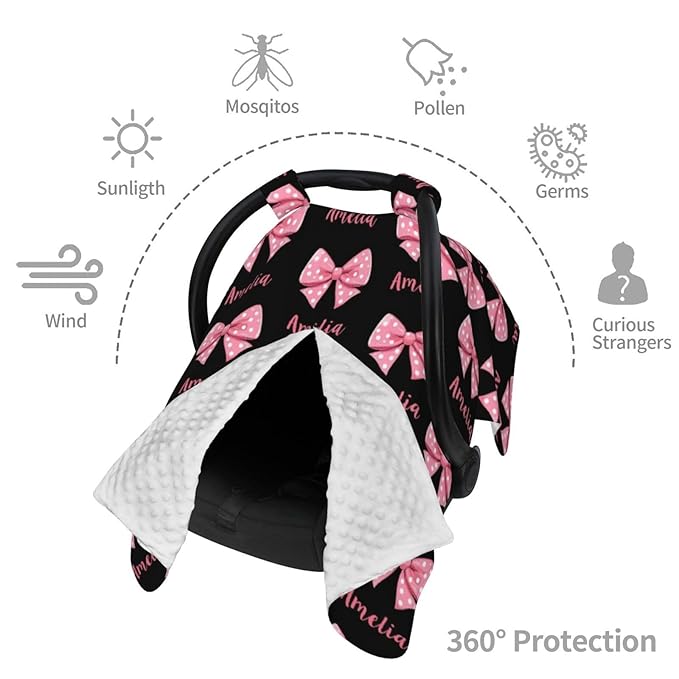 Personalized Name Car Seat Covers for Baby Girls, Custom Bows Baby Carseat Canopy, Nursing Cover for Breastfeeding, Strollers Car Seat Canopies for Babies Infant Newborn, Baby Shower Gifts