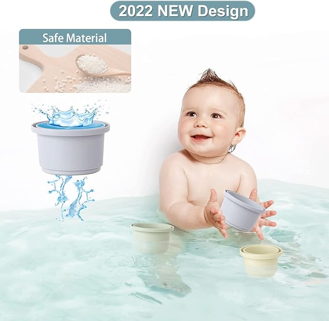 Baby Stacking Cups, Montessori Bath Toy for Toddlers 1-3, 8PCS Stackable Cups with Number Nesting Cups for Babies 6-12 Months, Early Educational Bath Outdoor Sensory Gift for 2-4 Years Old Boys Girls