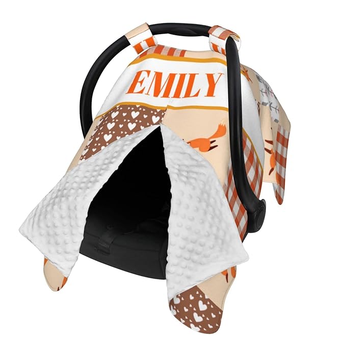 Personalized Baby Car Seat Canopy for Babies, Custom Name Car Seat Covers for Boys and Girls, Opening Minky Nursing Breastfeeding Cover for Infant, Carseat Canopies for Newborn (Cute Fox)