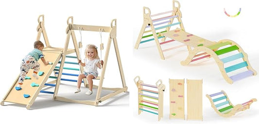 BlueWood 4 in 1 Indoor Jungle Gym, Foldable Wooden Climbing Set with Swing, Slide, Ladder and Climbing Wall