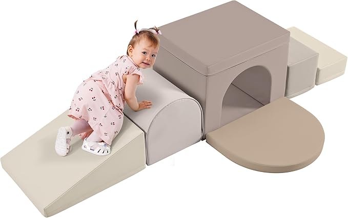 Merax Indoor Soft Foam Tunnel Climber, Toddler Climbing Toys with Tunnel, Steps and Ramp, Soft Climb and Crawl Playset, 7-Piece