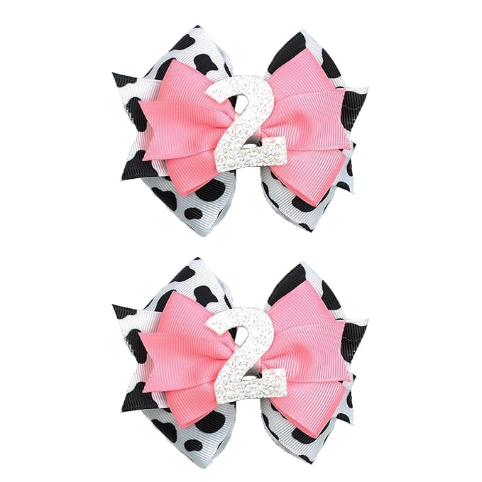 Birthday Hair Clips for Baby Girls - 2Pc Cow Print Bow with White Number Hair Clips for 2nd Birthday Baby Bow Party Decorations for Girls Toddlers Hair Accessories (Cow Print -2 Years)
