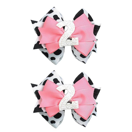 Birthday Hair Clips for Baby Girls - 2Pc Cow Print Bow with White Number Hair Clips for 2nd Birthday Baby Bow Party Decorations for Girls Toddlers Hair Accessories (Cow Print -2 Years)