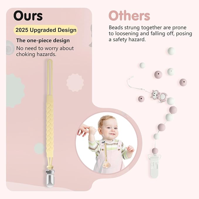 TenderBabe Silicone Pacifier Clip for Baby Girls and Boys, Pack of 6 Soft Flexible Paci Binky Clips with One-Piece Braided-Style Design,BPA-Free Baby Essentials