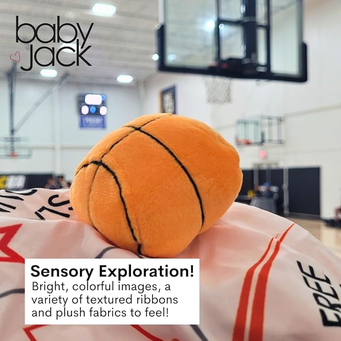Baby Jack & Co 10x10” Basketball Sports Lovey Sensory Plush Blanket - Tag Toy for Developing Sense of Touch - Travel Stroller Toy w/BPA Free Clip - Learn Shapes, Letters & Colors - Sports Gift