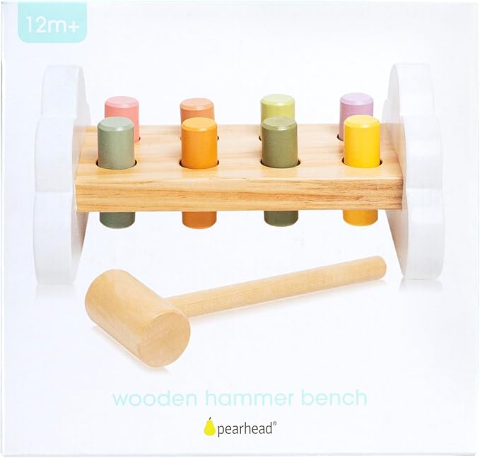 Pearhead Montessori Hammer Bench, Must Have Baby, Toddler Stocking Stuffers, Pounding and Hammering Wooden Toy, Early Developmental Interactive Toddler Toys for Ages 1+ Years