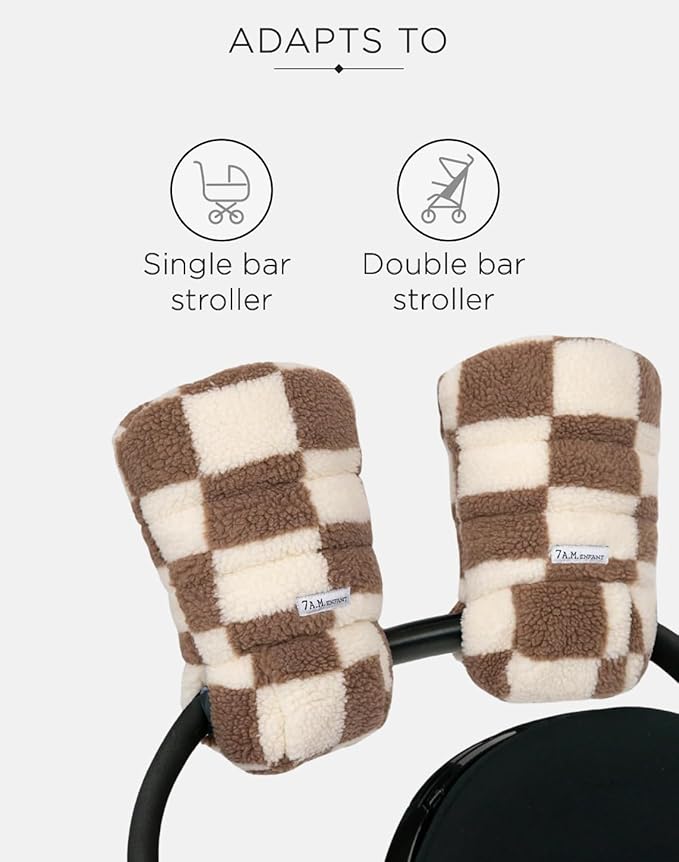 7AM Enfant Stroller Warmmuffs Gloves - Anti-Freeze Stroller Mittens for Handlebars, Water Repellent Hand Warmer Muff for Cold Weather, Plush Lined (Print Checkers Tan)
