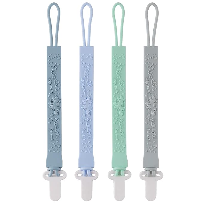 4-Pack Silicone Pacifier Clips with One-Piece Beads for Baby Boys and Girls - Flexible and Rust-Free Holders for Teething Relief and Baby Essentials, Safe for Newborns (Flat, Grey)