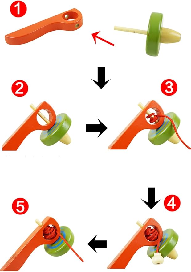 FQStech Wooden Spinning Top Gyroscope peg-top with Handle and Pull String Wire,can Last Long time, Color Random
