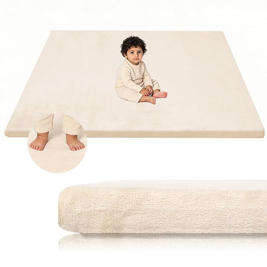 Velvet Baby Play Mat for Floor, 1.3" Thick Elasti-Foam 50"×50" Playpen Mat with Removable & Washable Velvet Cover for Toddler, Infant,Kids, Non-Slip Crawling Mat for Tummy Time (Beige)
