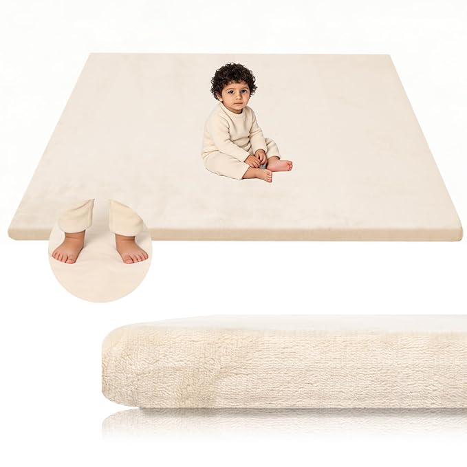 Velvet Baby Play Mat for Floor, 1.3" Thick Elasti-Foam 47"×47" Playpen Mat with Removable & Washable Velvet Cover for Toddler, Infant,Kids, Non-Slip Crawling Mat for Tummy Time (Beige)