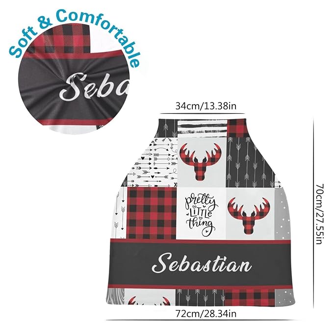 Multi-Use Baby Car Seat Cover Personalized, Customized Woodland Deer Nursing Cover with Name, Breathable Breastfeeding Covers Soft Infant Stroller Canopy, Gift for Newborn Boys Girls