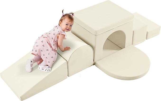Merax Indoor Soft Foam Tunnel Climber, Toddler Climbing Toys with Tunnel, Steps and Ramp, Soft Climb and Crawl Playset Baby Soft Foam Blocks, 7-piece