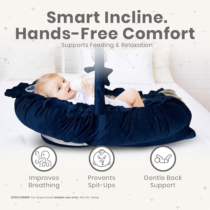 Newborn Lounger Blue - Flexible & Portable w/Infant Support Cushion, Soft & Breathable 100% Cotton - Multi-Use Supervised Baby Lounger for Floor, Travel, Changing Mat Alternative - Premium