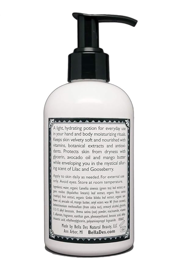 Lilac and Gooseberry Moisturizing Body Lotion 8 ounces Yennefer Scent of a Sorceress with Organic Extracts, Natural Oils, Hydration for Dry Skin by Bella Des Natural Beauty