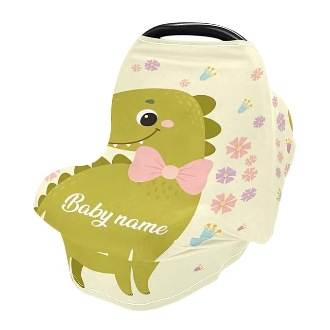 Personalized Baby Car Seat Cover for Babies, Custom Name Baby Car Seats Canopy for Boys Girls, Nursing Breastfeeding Stroller Covers for Infant Newborn, Shower Gift (Cute Dinosaur)