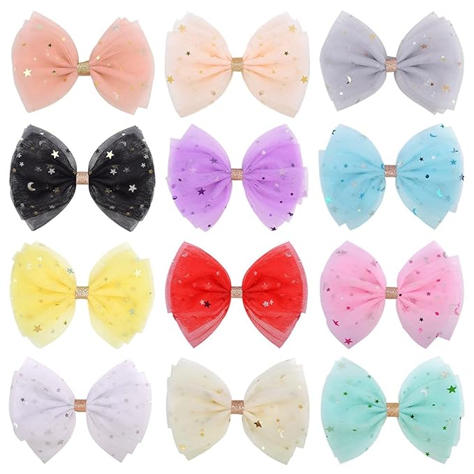 inSowni 12 Pack Tulle Bow with Glitter Star Alligator Hair Clips Barrettes Accessories for Baby Girls Toddlers Kids Children Teens Medium