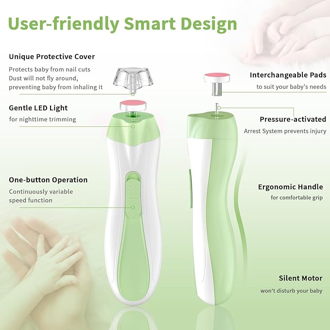 Baby Nail File Electric Baby Nail Care Set with LED Light, Baby Nail Clipper Electric for Newborn/Infants/Adults Toenails and Fingernails, 7 Grinding Head Replacement Pads, Green