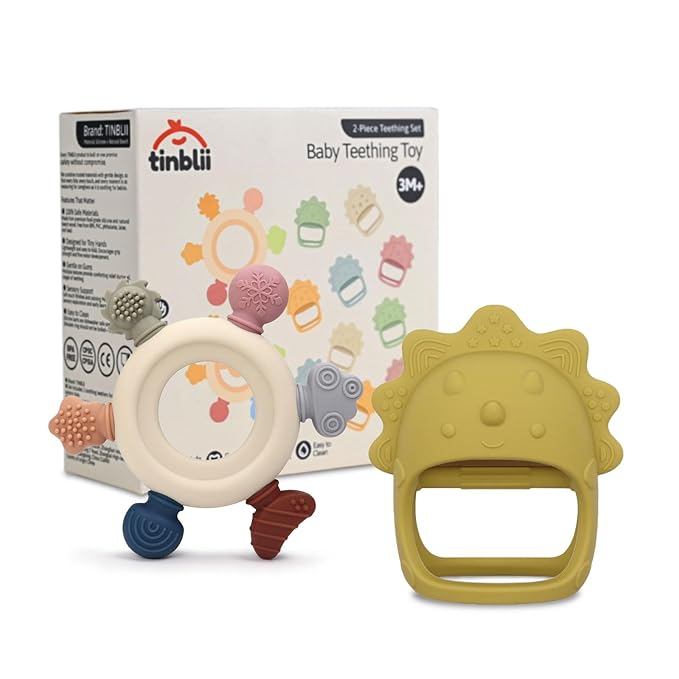 Baby Teething Toys 2 Pack, Dinosaur Mitten Teether and Ring Sun Teether with 6 Chewing Points, Silicone Chew Toys for Infants 0-6 6-12 Months, BPA Free Soothing Gum Relief Set (Yellow)