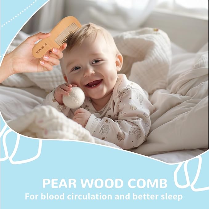 Baby Hair Brush and Comb Set, Wooden Baby Hair brush with Soft Goat Bristle and Wood Comb for Newborn Essentials, Good for Cradle Cap