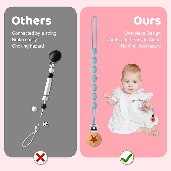 Silicone Pacifier Clip Holder for Baby Girls Boys, Christmas Baby Gifts 4-Pack One-Piece Soft Flexible Binky Clips Holder with Cute Texture, Anti-Loss Paci Clips for Birthday Baby Shower Essentials