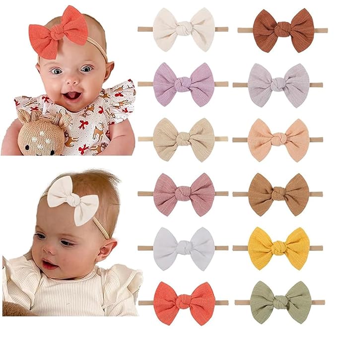 Baby Girl Linen Hair Bow Nylon Headband 12PCS, Soild Color Bow Hair Band, Handmade Head Accessories for Infant Newborn Toddlers Kids