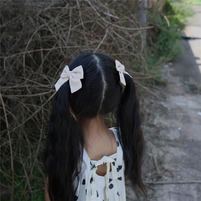 Cute Bow Hair Clips for Baby Girl Kids Pigtail Bangs 3.2" Sailor Bows Alligator Clip Hair Accessories (Beige/Natural/Silver)