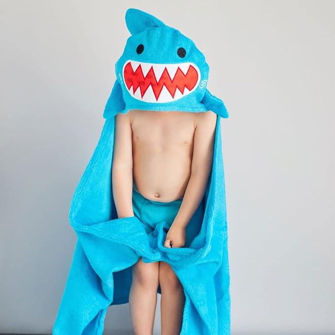 ZOOCCHINI Hooded Bath Towel for Kids 100% Cotton Terry, Plush & Absorbent for Bathtime or Pool, 50" x 22" 2-6 Years, Sherman the Shark