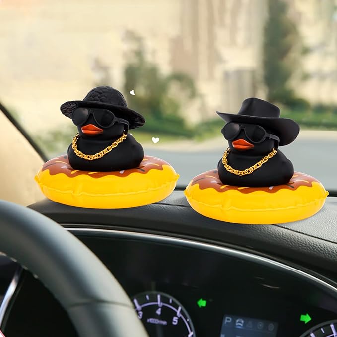 Wonuu Rubber Ducks Dashboard Decorations - Pink Ducks for Car Dashboard, BG-black-cowboyblack