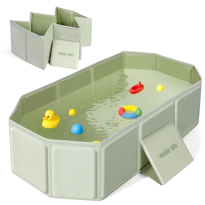 Orzbow Collapsible Baby Bathtub, Toddler Bathtub with Non-Slip Base, Portable Bath Tub for Kids Infant 12 Months+ Travel, Easy to Clean, Stable & Durable, Space-Saving, Green