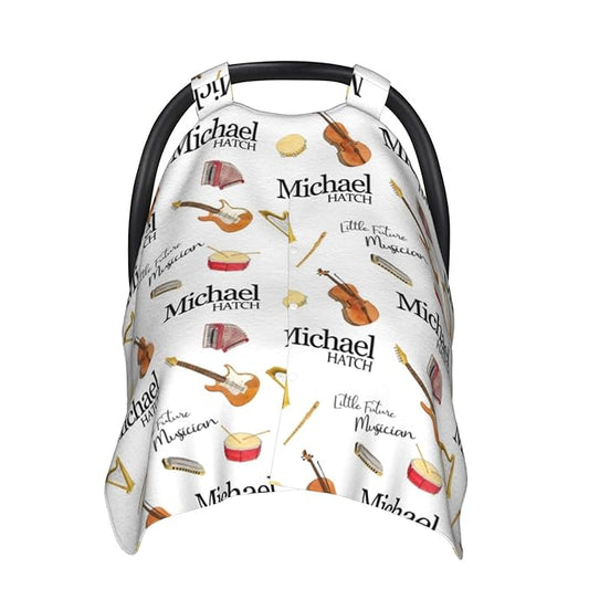 Personalized Baby Car Seat Canopy for Babies, Custom Name Baby Car Seats Covers for Boys Girls, Opening Minky Nursing Breastfeeding Cover for Infant Newborn, Carseat Canopies (Future Musicians)