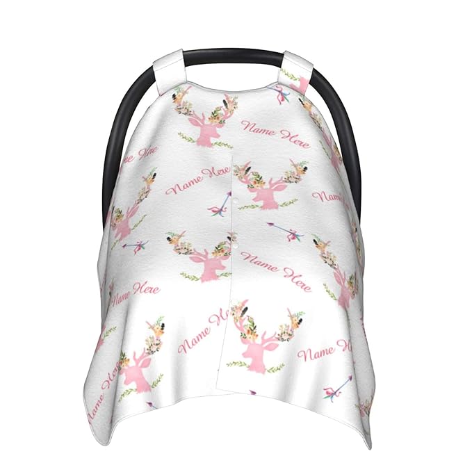 Custom Baby Name Car Seat Covers for Babies, Carseat Canopy, Peekaboo Opening Minky Nursing Breastfeeding Cover Infant Canopies for Baby Girls Newborn (Print Girl Antler Flowers, Pink Minky Dot)