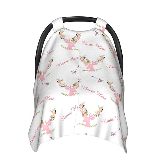 Custom Baby Name Car Seat Covers for Babies, Carseat Canopy, Peekaboo Opening Minky Nursing Breastfeeding Cover Infant Canopies for Baby Girls Newborn (Print Girl Antler Flowers, Pink Minky Dot)