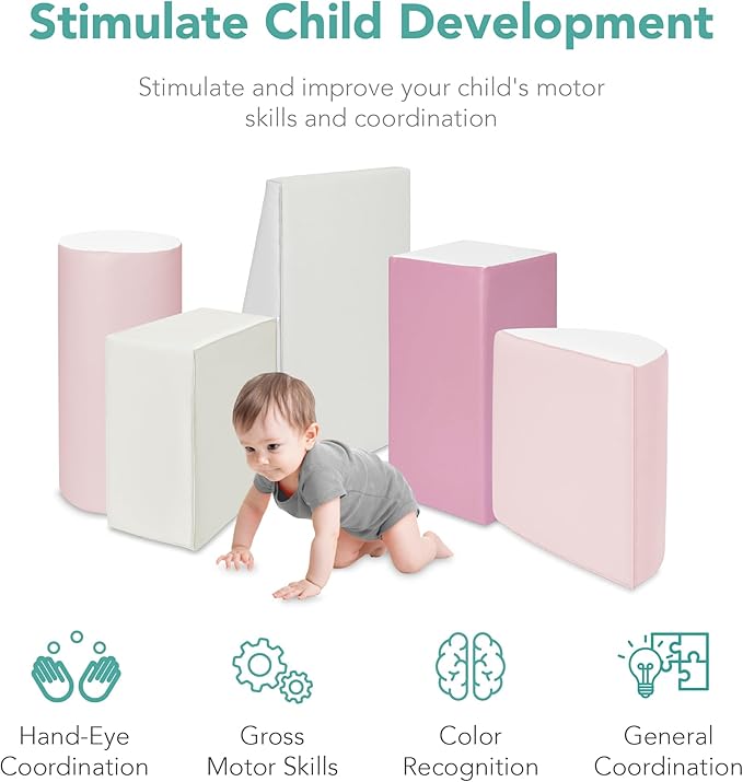 Best Choice Products Soft Foam Climbing Blocks for Toddlers, 5-Piece Baby Play Set, Easy-Clean Vinyl Foam Shapes, Safe Certified Materials, Early Learning Motor Skill Development Toy - Pink