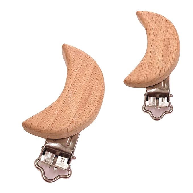 5pcs Natural Wood Suspender Pacifier Clips Cute Beech Wooden Animal Moon Shape Clips Charm DIY Beading Pacifier Chain Accessory