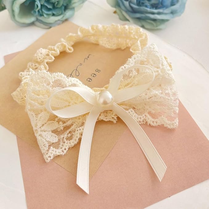 Cute Baby Girl Lace Headband Lace Bow Hair Accessories Elastic Bow Head Wrap for Newborn Infant Toddler Christening Baptism Party Hair Accessories for 0-36 Months (Ivory A, Free)