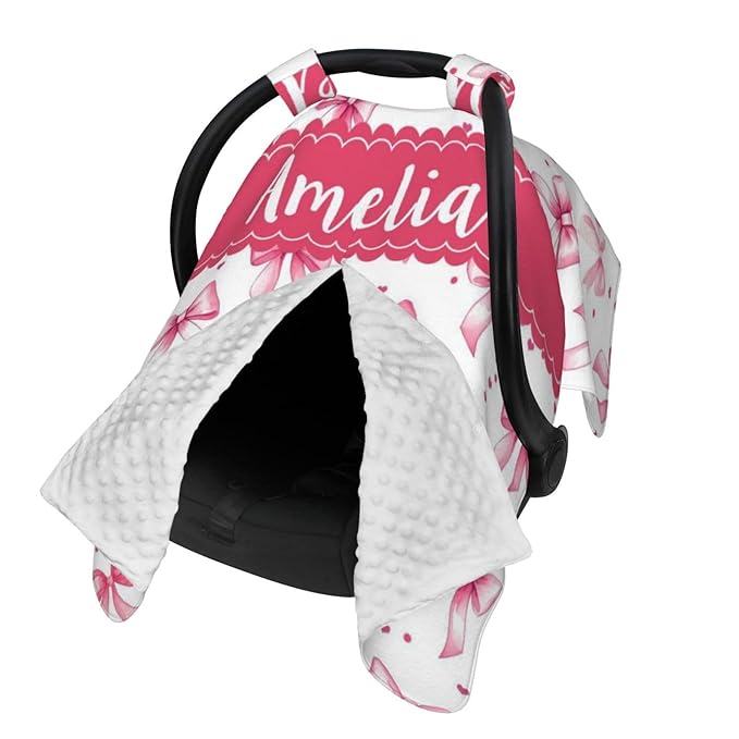 Personalised Baby Car Seat Cover with Name, Customized Bows Carseat Covers for Girls, Windproof Sun Protection Baby Carseat Canopy, Multi-use Nursing Breastfeeding Covers for Infant