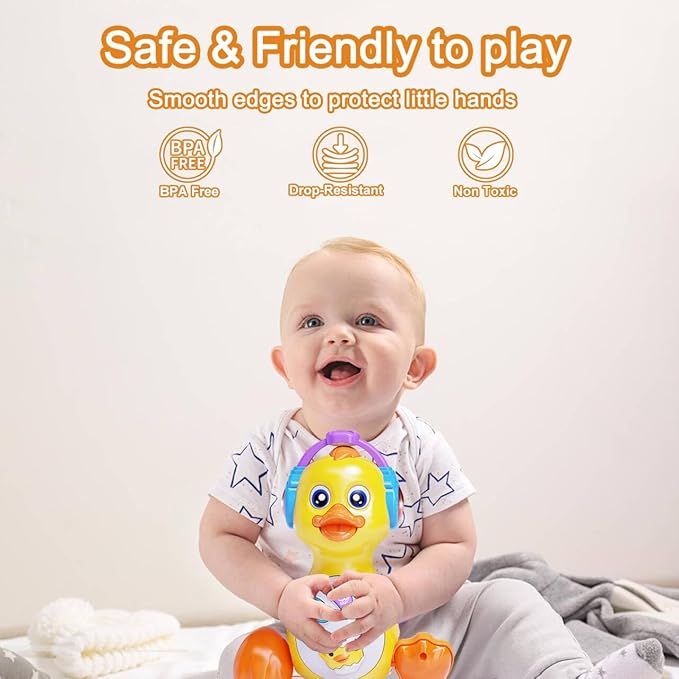Musical Flapping Yellow Duck, Crawling Tummy Time, Educational Learning Walking Light Up Dancing Toy for 1 Year Old Baby Toddler Infant Easter Valentine Gifts